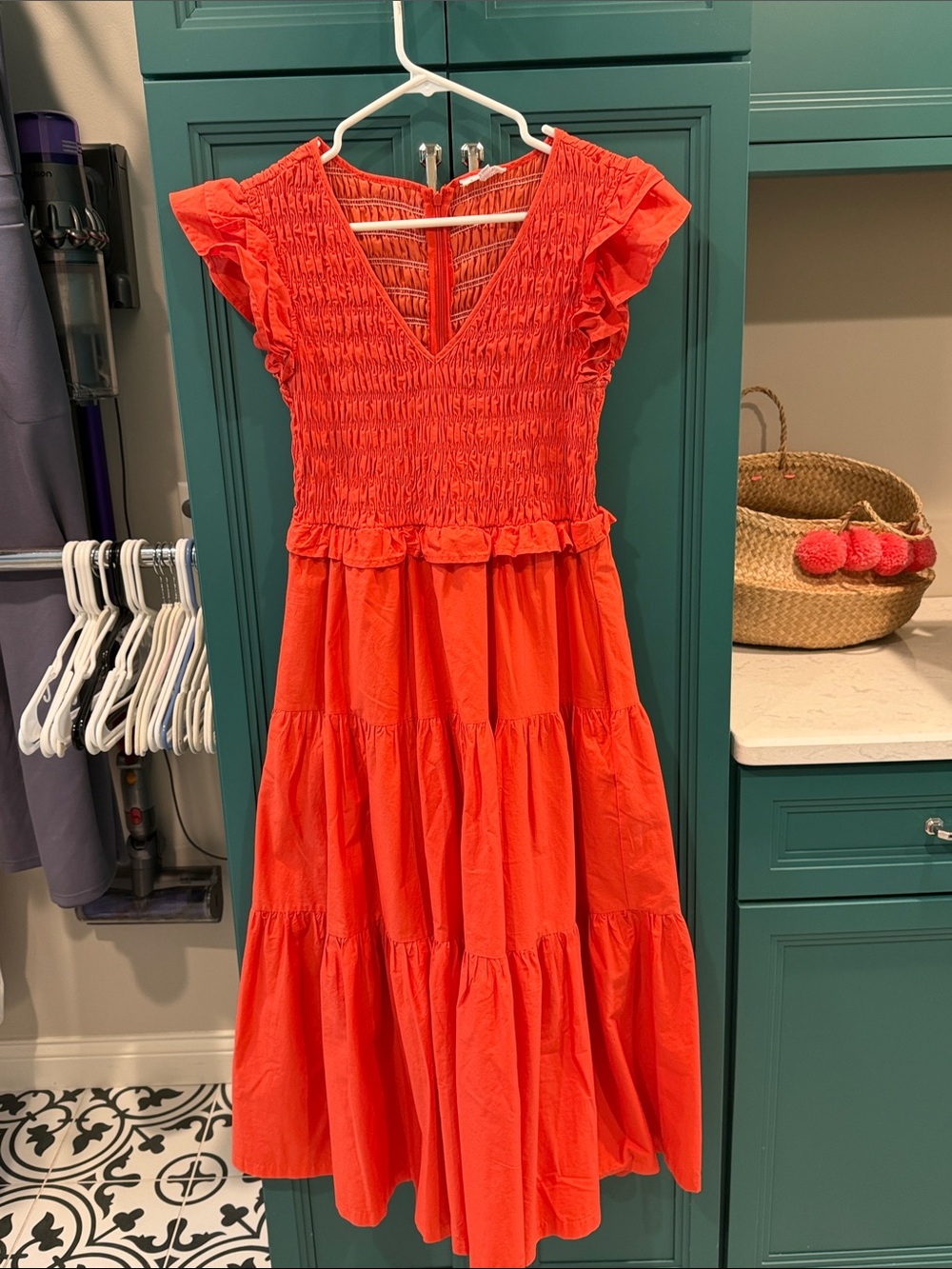 Womens Smocked Tiered Dress - Bright Coral